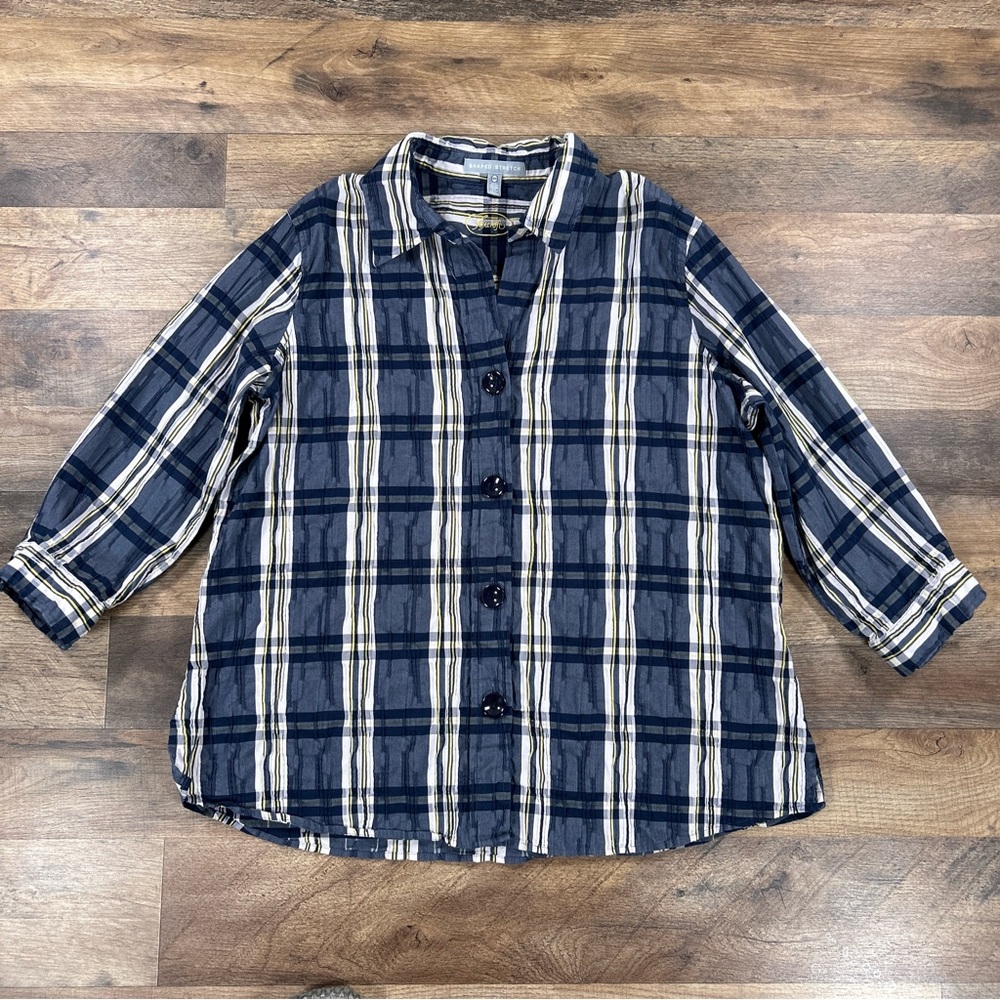 Foxcroft Womens Shirt Size 14 Blue Plaid 3/4 Sleeve Shaped Stretch Button Up